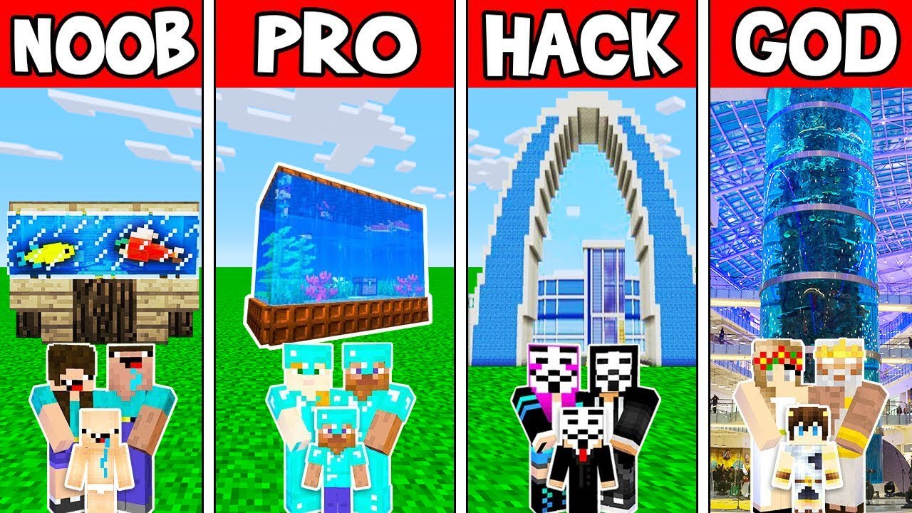 Minecraft: FAMILY AQUARIUM HOUSE BUILD CHALLENGE – NOOB vs PRO vs HACKER vs GOD in Minecraft