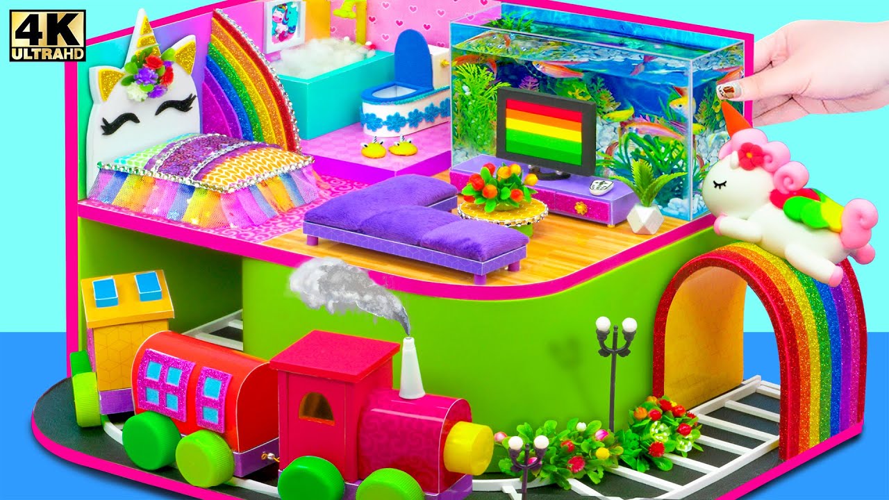 Build Miniature Unicorn Bedroom with Aquarium and Train Bridge from Cardboard | DIY Miniature House
