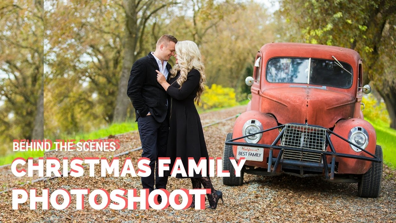 Christmas Family Photoshoot with props Fireplace and Vintage Car, Christmas photoshoot ideas