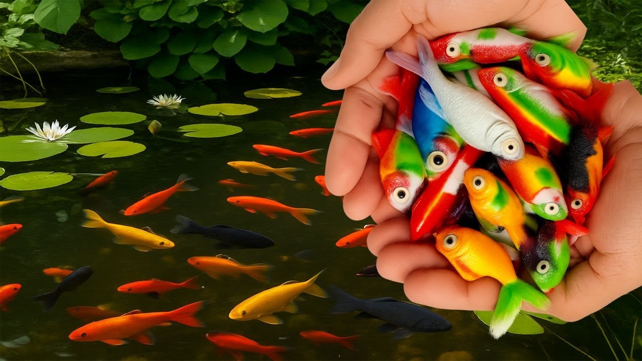 The Incredible Catch Colorful Aquarium Fish In Small Pond, Glass Fish,Koi,Pencil Fish,Baby Turtle