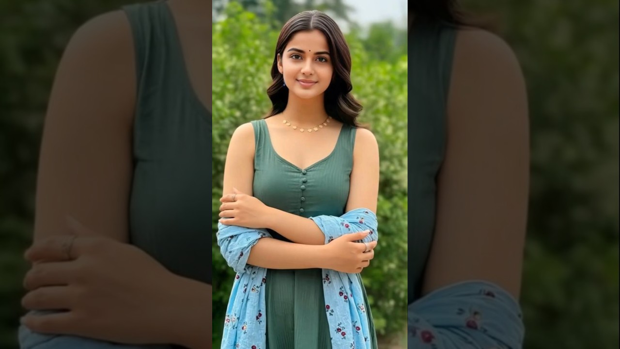Elegant Sage Green Maxi Dress with Floral Scarf | Serene Outdoor Portrait | Desi Sarees