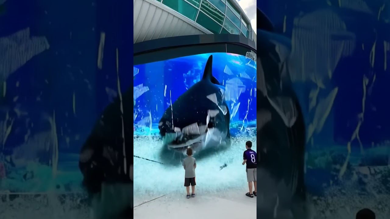 Shark smashes aquarium in shopping mall. AI video.