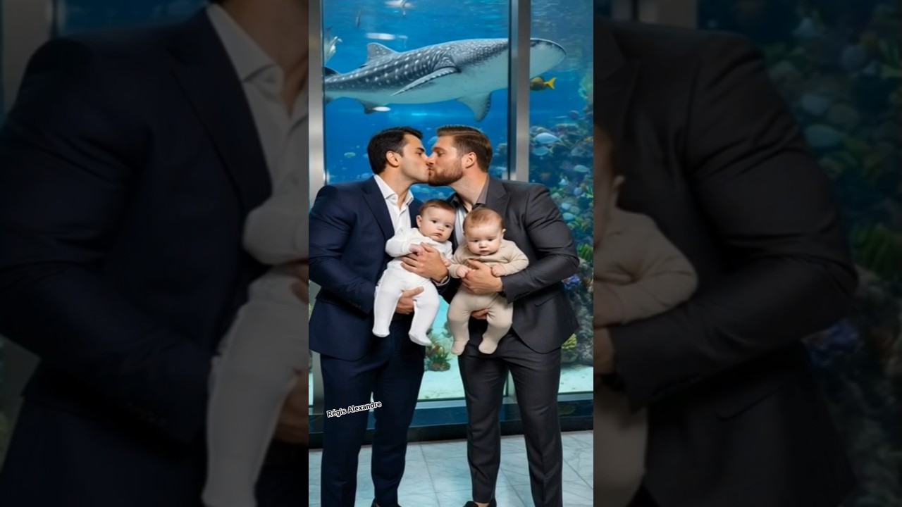 Gay Kiss Dad Family Baby Toddler boys huge marine aquarium
