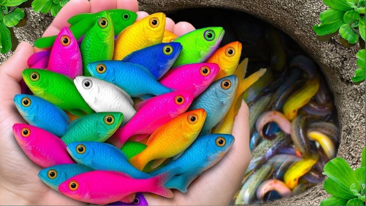 Catch beautiful aquarium fish in small pond baby turtles, eels, pencil fish, iguanas, xecan, spiders